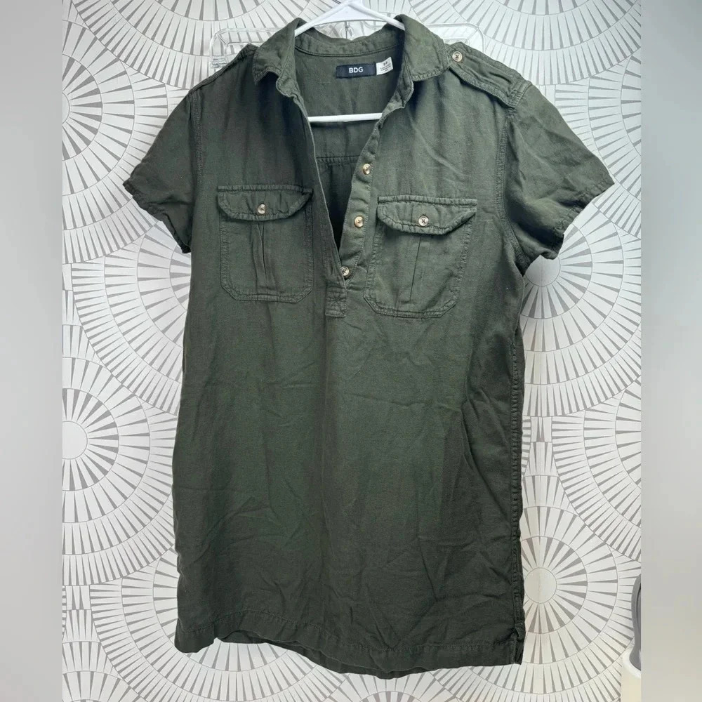 BDG Women’s Mini Dress Linen Blend Dark Army Green Size Small